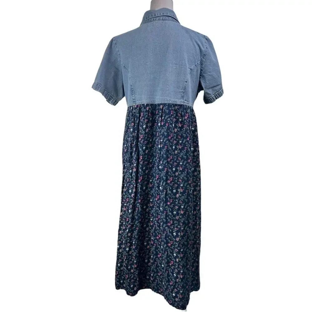 Vintage Cherokee Button Front Dress Denim Cotton Floral Size Large Blue - Picture 5 of 7